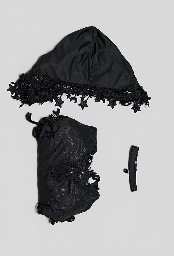 Gothic Black Star Elf Set Cutout Dress with Hooded Short Jacket and Choker