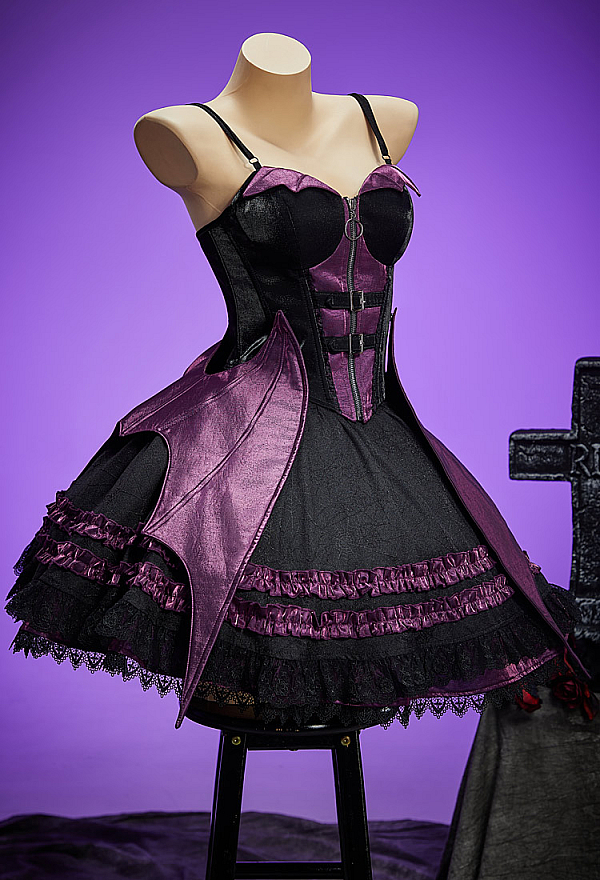 Gothic Bat Design Corset Skirt Set Cami Corset and Layered Skirt with Bat Wings Gothic Bat Design Corset Skirt Set Cami Corset and Layered Skirt with Bat Wings