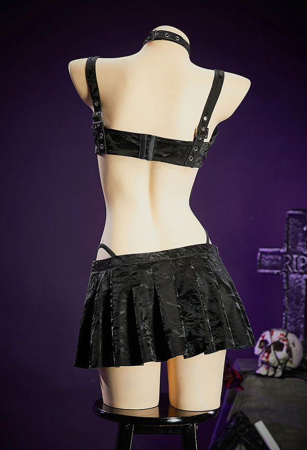 Gothic Devil Spine Set Sexy Mesh Paneled High-Slit Bodysuit with Mini Skirt
