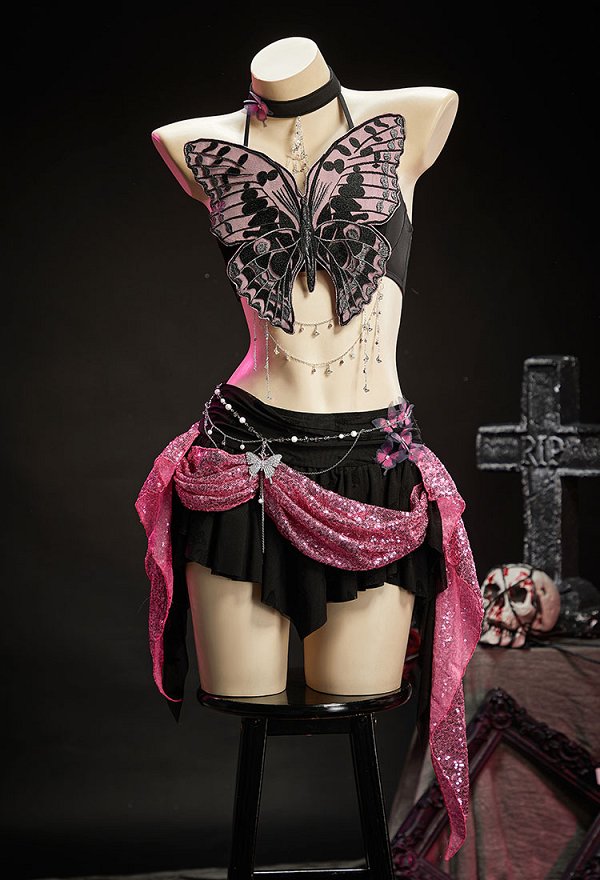 Gothic Black and Pink Butterfly Set Butterfly Shaped Halter Crop Top and Irregular Skort with Waist Chain Gothic Black and Pink Butterfly Set Butterfly Shaped Halter Crop Top and Irregular Skort with Waist Chain