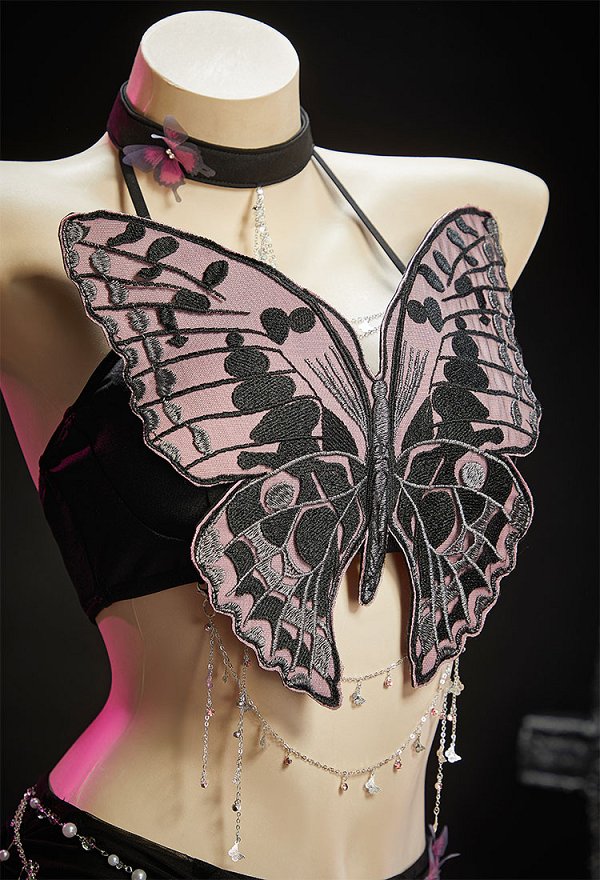 Gothic Black and Pink Butterfly Set Butterfly Shaped Halter Crop Top and Irregular Skort with Waist Chain Gothic Black and Pink Butterfly Set Butterfly Shaped Halter Crop Top and Irregular Skort with Waist Chain
