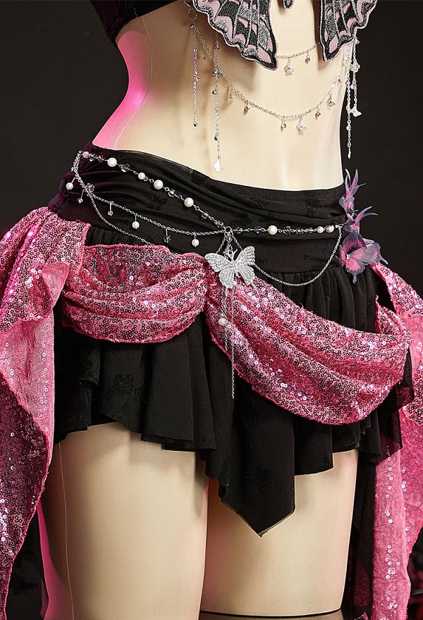 Gothic Black and Pink Butterfly Set Butterfly Shaped Halter Crop Top and Irregular Skort with Waist Chain Gothic Black and Pink Butterfly Set Butterfly Shaped Halter Crop Top and Irregular Skort with Waist Chain