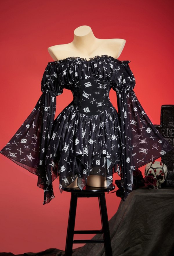 Gothic Cat Skull Crossbone Print Dress Dark Style Off-the-Shoulder Bell-Sleeve Irregular Dress