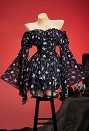 Gothic Cat Skull Crossbone Print Dress Dark Style Off-the-Shoulder Bell-Sleeve Irregular Dress