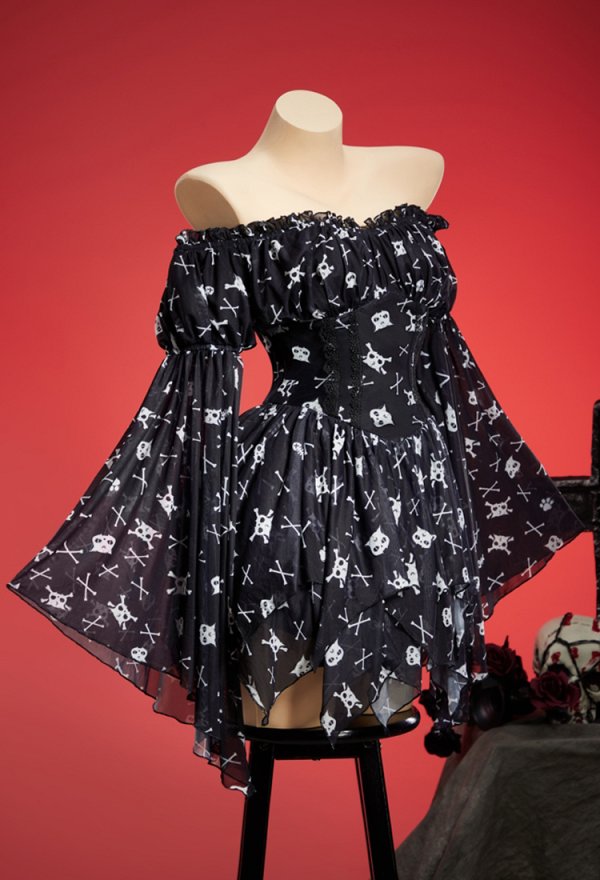 Gothic Cat Skull Crossbone Print Dress Dark Style Off-the-Shoulder Bell-Sleeve Irregular Dress