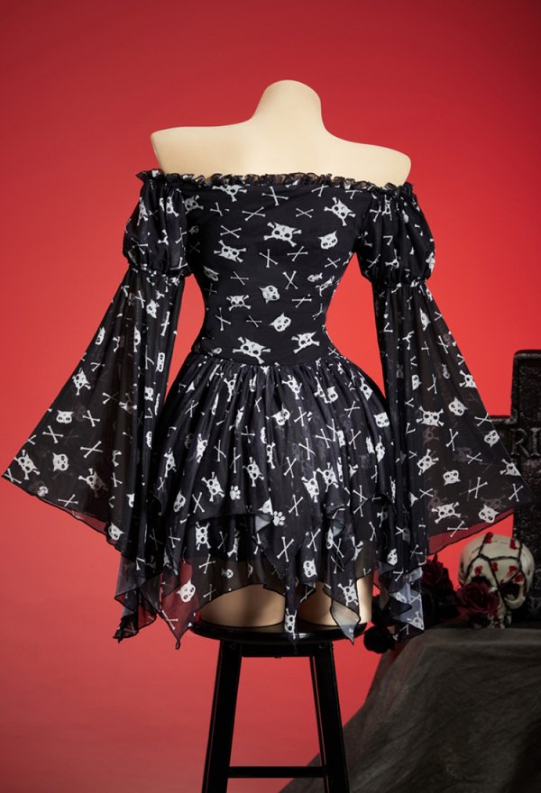 Gothic Cat Skull Crossbone Print Dress Dark Style Off-the-Shoulder Bell-Sleeve Irregular Dress