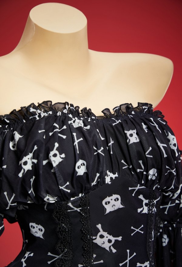 Gothic Cat Skull Crossbone Print Dress Dark Style Off-the-Shoulder Bell-Sleeve Irregular Dress