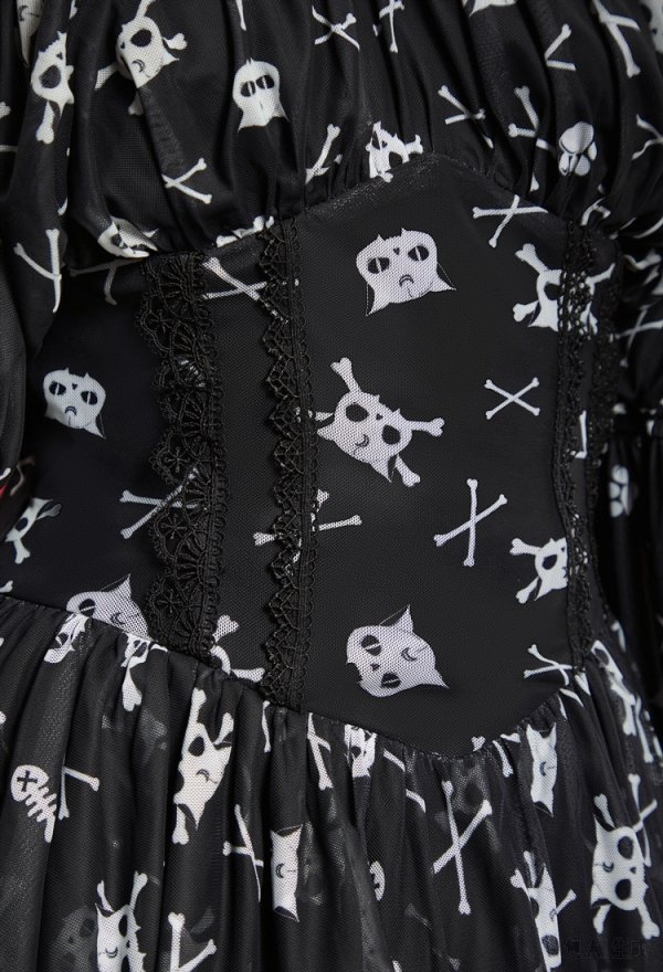 Gothic Cat Skull Crossbone Print Dress Dark Style Off-the-Shoulder Bell-Sleeve Irregular Dress