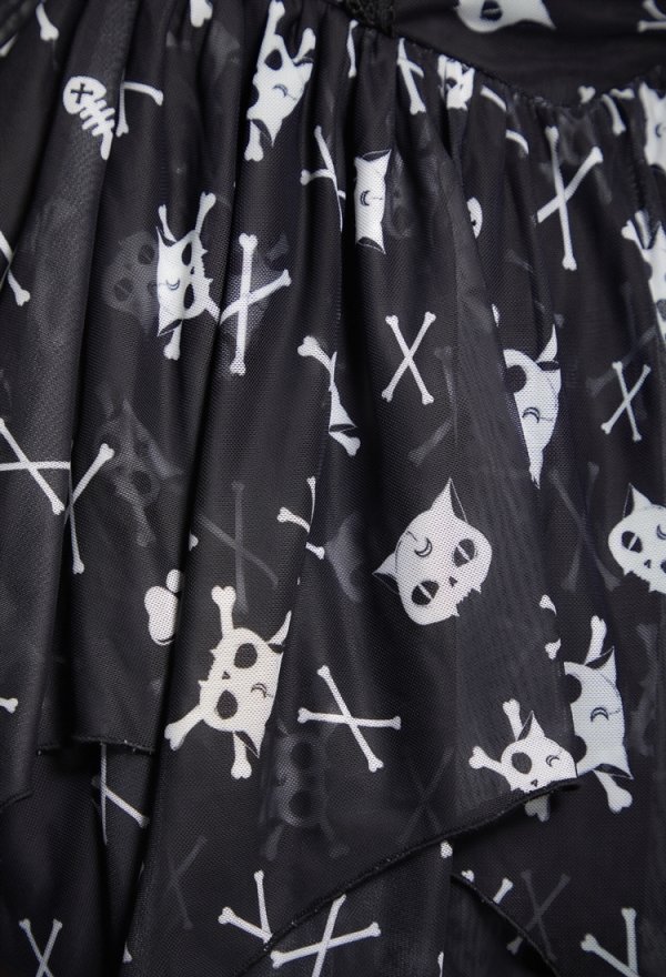 Gothic Cat Skull Crossbone Print Dress Dark Style Off-the-Shoulder Bell-Sleeve Irregular Dress