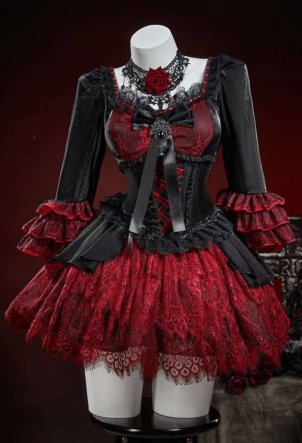 Gothic Black and Red Color Blocking Layered Dress Dark Court Style Lolita Dress with Choker and Bow
