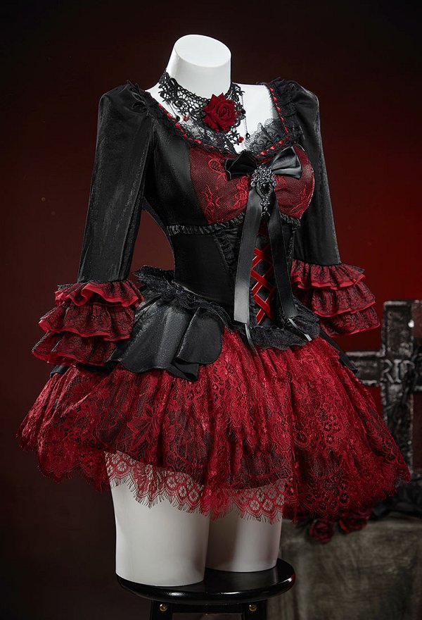 Gothic Black and Red Color Blocking Layered Dress Dark Court Style Lolita Dress with Choker and Bow