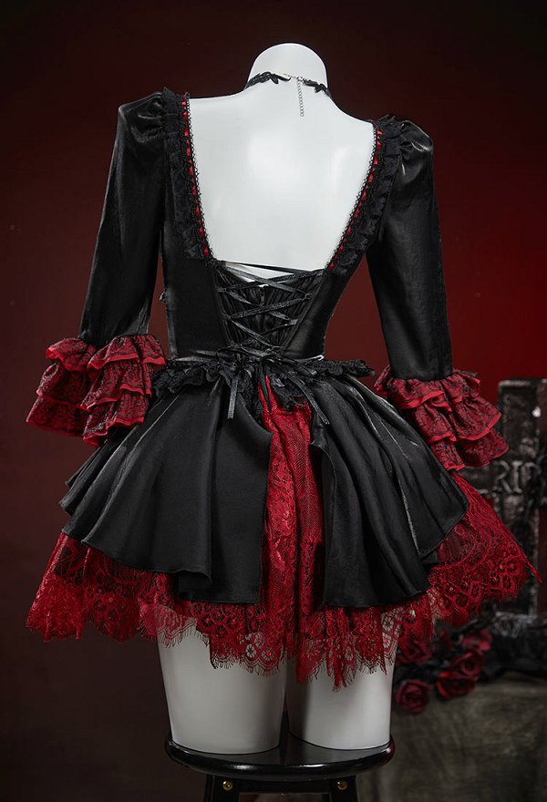 Gothic Black and Red Color Blocking Layered Dress Dark Court Style Lolita Dress with Choker and Bow