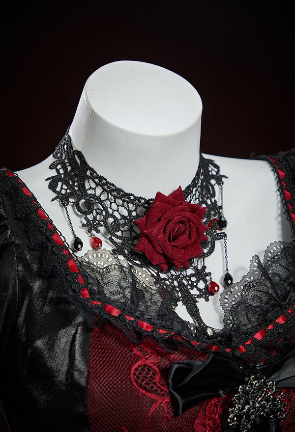Gothic Black and Red Color Blocking Layered Dress Dark Court Style Lolita Dress with Choker and Bow