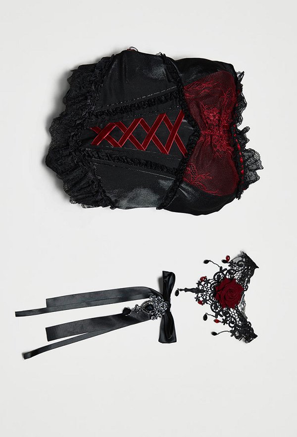 Gothic Black and Red Color Blocking Layered Dress Dark Court Style Lolita Dress with Choker and Bow