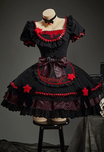 Gothic Red and Black Cat Maid Lolita Dress Colorblock Puff Sleeve Layered Dress with Hairband and Apron