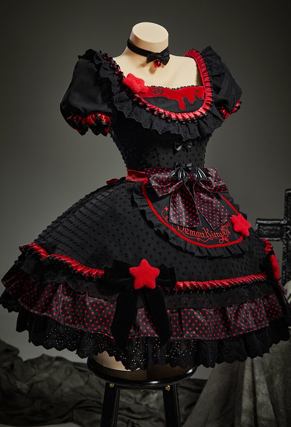 Gothic Red and Black Cat Maid Lolita Dress Colorblock Puff Sleeve Layered Dress with Hairband and Apron