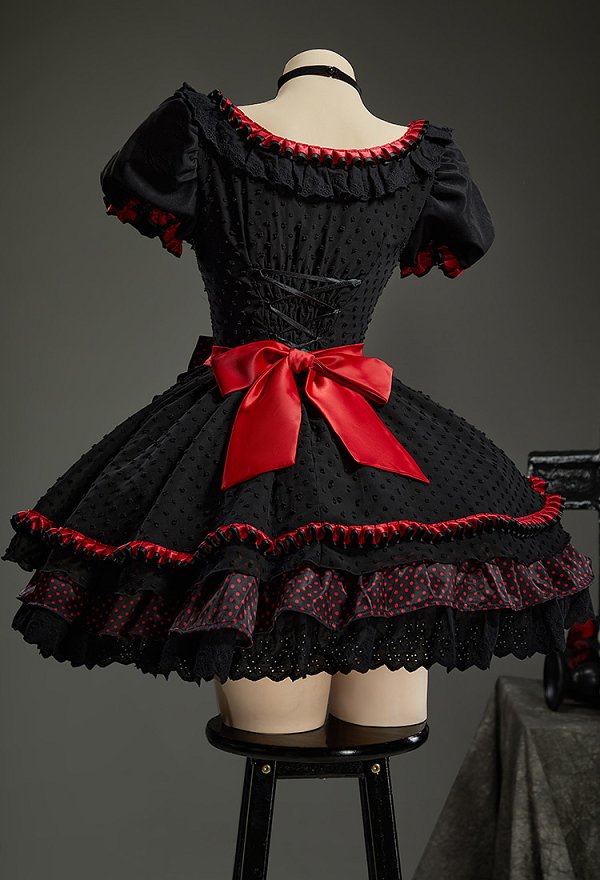 Gothic Red and Black Cat Maid Lolita Dress Colorblock Puff Sleeve Layered Dress with Hairband and Apron