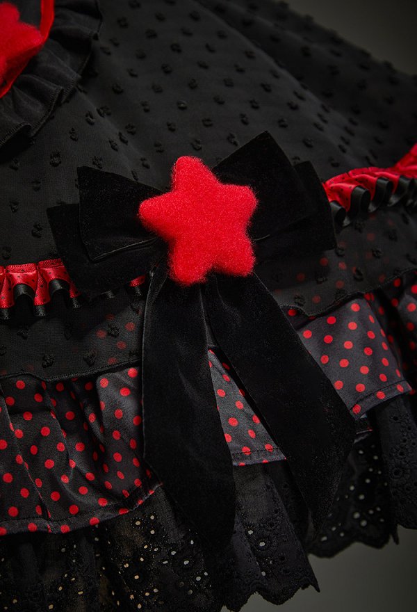 Gothic Red and Black Cat Maid Lolita Dress Colorblock Puff Sleeve Layered Dress with Hairband and Apron