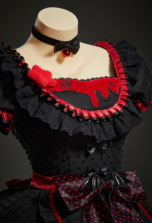 Gothic Red and Black Cat Maid Lolita Dress Colorblock Puff Sleeve Layered Dress with Hairband and Apron