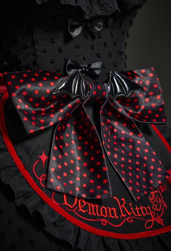 Gothic Red and Black Cat Maid Lolita Dress Colorblock Puff Sleeve Layered Dress with Hairband and Apron