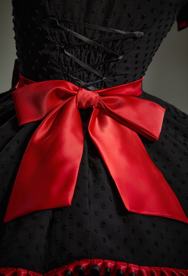 Gothic Red and Black Cat Maid Lolita Dress Colorblock Puff Sleeve Layered Dress with Hairband and Apron
