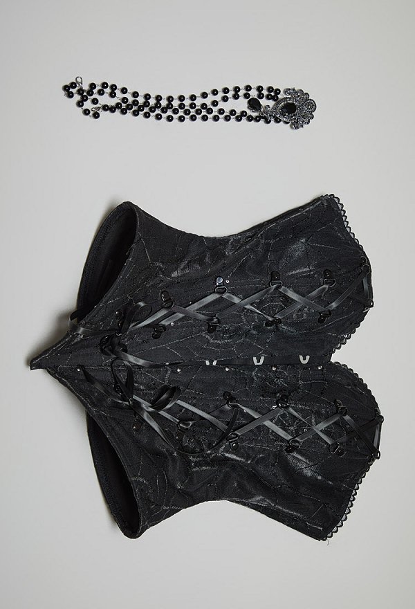 Gothic Spiderweb Strapless Corset Top Vintage Lacing Overbust Corset Waist Cincher with Brooch Gothic Spiderweb Strapless Corset Top Vintage Lacing Overbust Corset Waist Cincher with Brooch