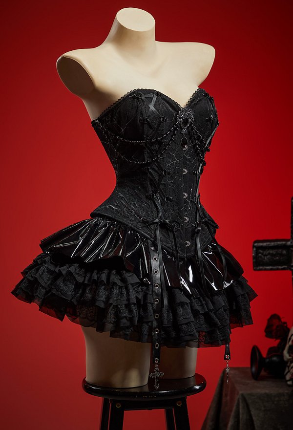 Gothic Spiderweb Strapless Corset Top Vintage Lacing Overbust Corset Waist Cincher with Brooch Gothic Spiderweb Strapless Corset Top Vintage Lacing Overbust Corset Waist Cincher with Brooch