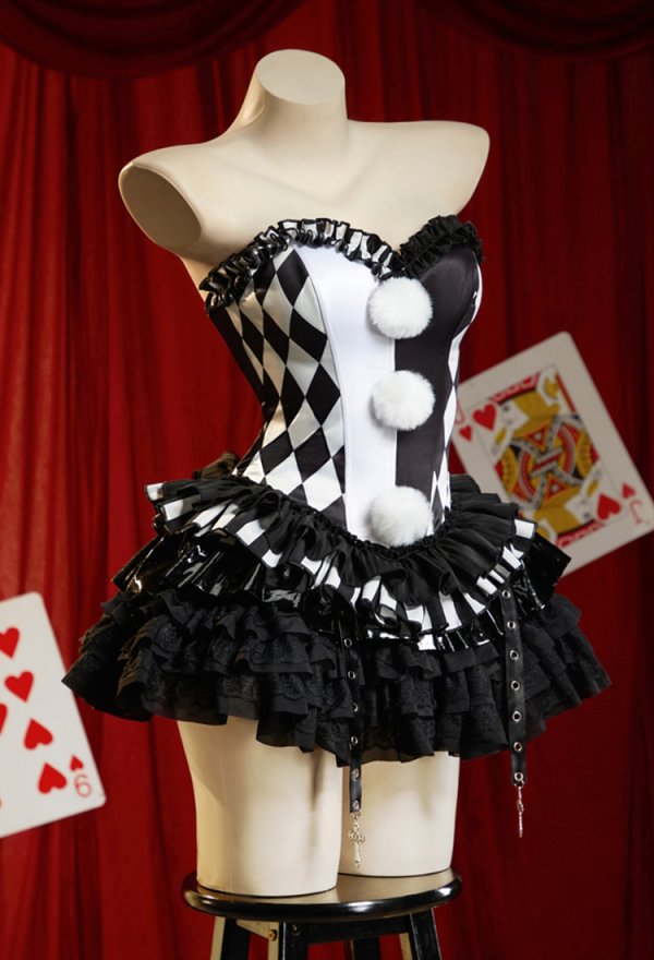 Moonlit Jester Gothic Jester Style Strapless Corset Top Color-Blocked Diamond Pattern Overbust Corset