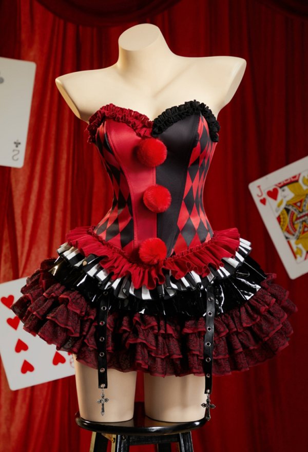 Moonlit Jester Gothic Jester Style Strapless Corset Top Color-Blocked Diamond Pattern Overbust Corset