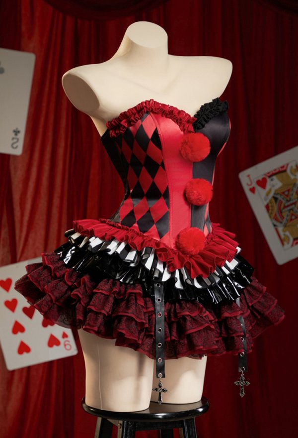 Moonlit Jester Gothic Jester Style Strapless Corset Top Color-Blocked Diamond Pattern Overbust Corset