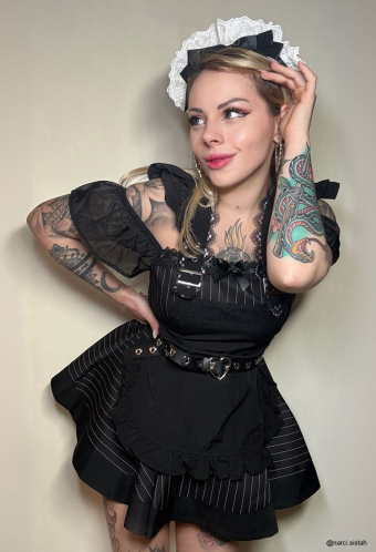 Gothic Striped Lolita Maid Set Dark Style Puffy Dress and Apron with Hairband and Belt