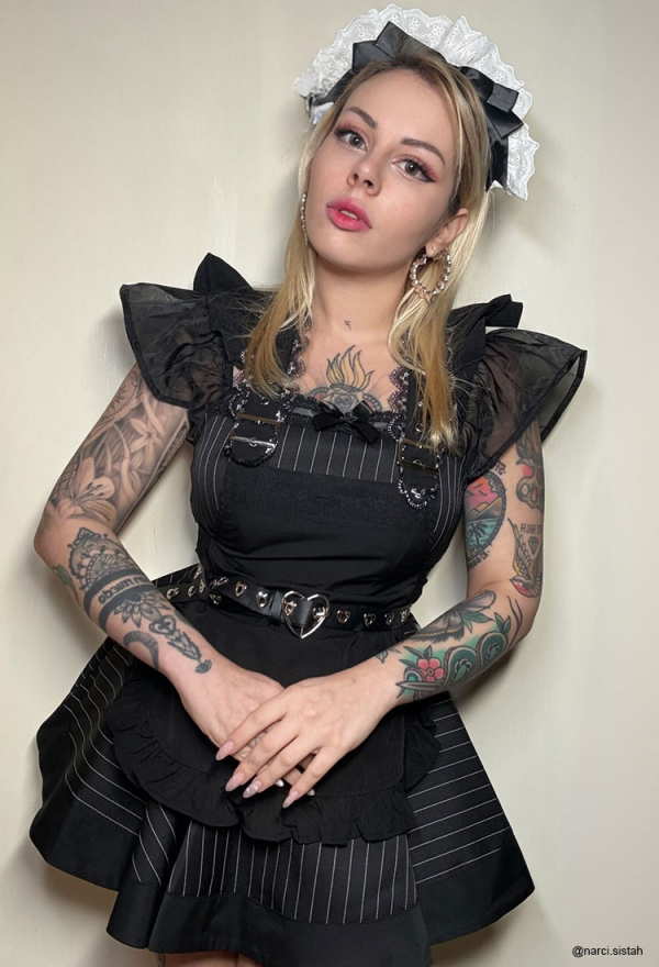 Gothic Striped Lolita Maid Set Dark Style Puffy Dress and Apron with Hairband and Belt