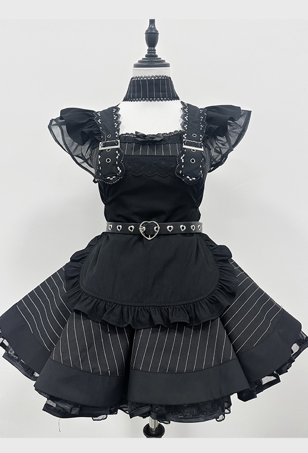 Gothic Striped Lolita Maid Set Dark Style Puffy Dress and Apron with Hairband and Belt