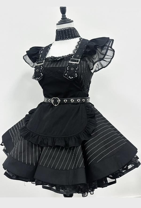 Gothic Striped Lolita Maid Set Dark Style Puffy Dress and Apron with Hairband and Belt