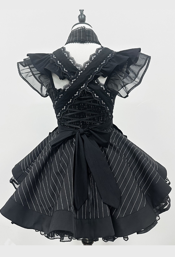 Gothic Striped Lolita Maid Set Dark Style Puffy Dress and Apron with Hairband and Belt