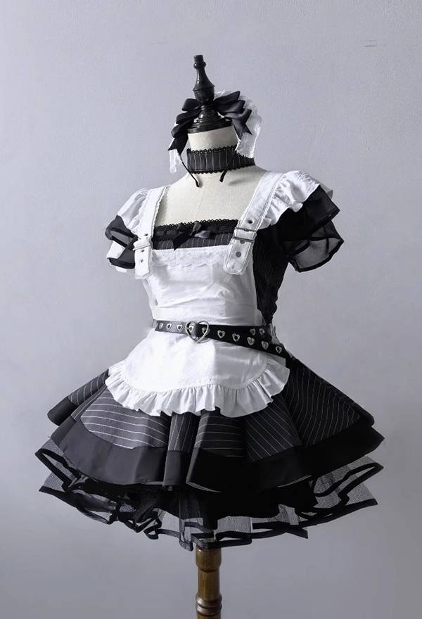 Gothic Striped Lolita Maid Set Dark Style Puffy Dress and Apron with Hairband and Belt