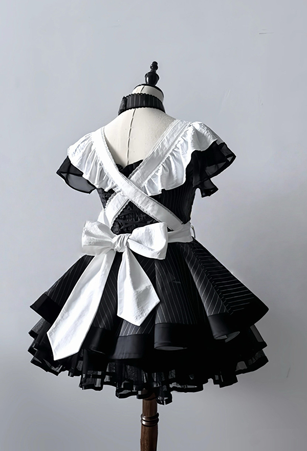 Gothic Striped Lolita Maid Set Dark Style Puffy Dress and Apron with Hairband and Belt