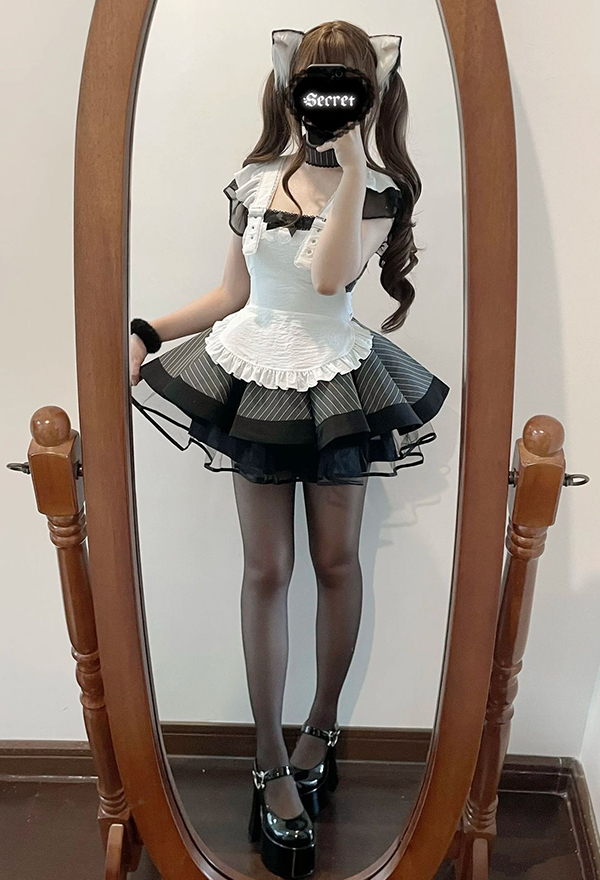 Gothic Striped Lolita Maid Set Dark Style Puffy Dress and Apron with Hairband and Belt