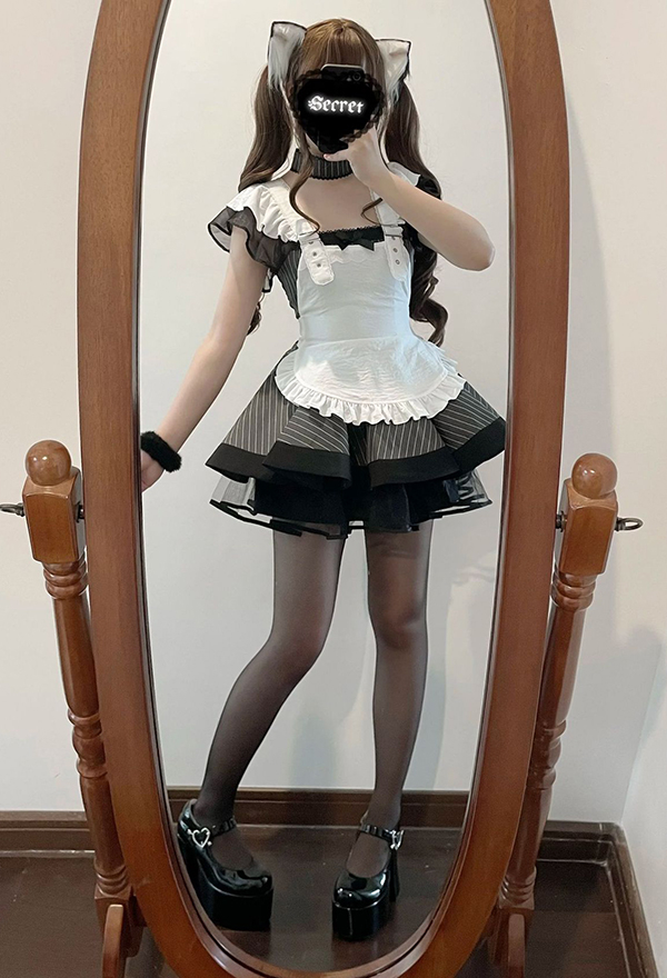 Gothic Striped Lolita Maid Set Dark Style Puffy Dress and Apron with Hairband and Belt