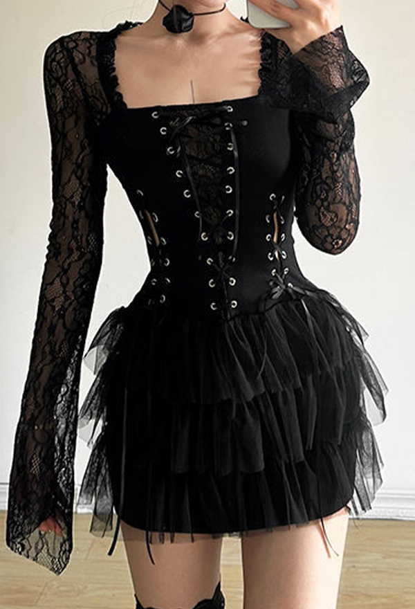 Gothic Black Lace Patchwork Long-Sleeve Dress Lacing Layered Slim Dress