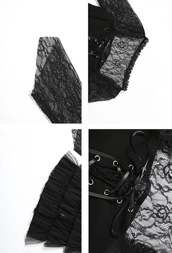 Gothic Black Lace Patchwork Long-Sleeve Dress Lacing Layered Slim Dress