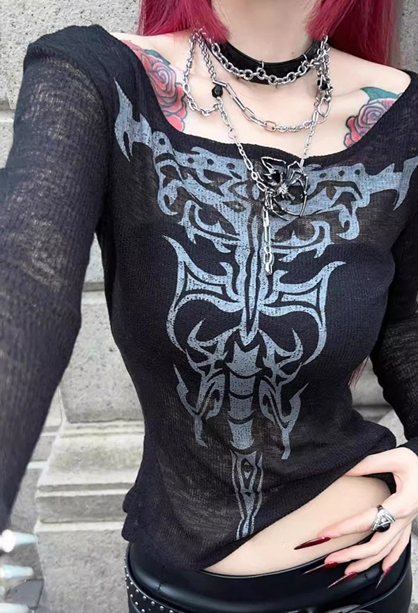 Gothic Black Sheer Long-Sleeve T-Shirt Dark Style Skeleton Pattern Slim Top
