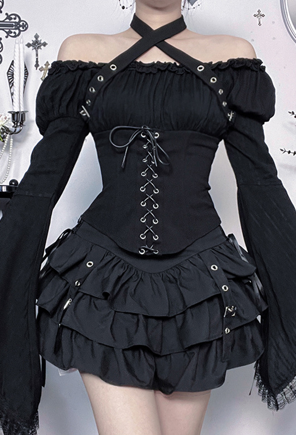Gothic Black Off-Shoulder Halter Top Dark Style Lacing Flared Sleeves Top