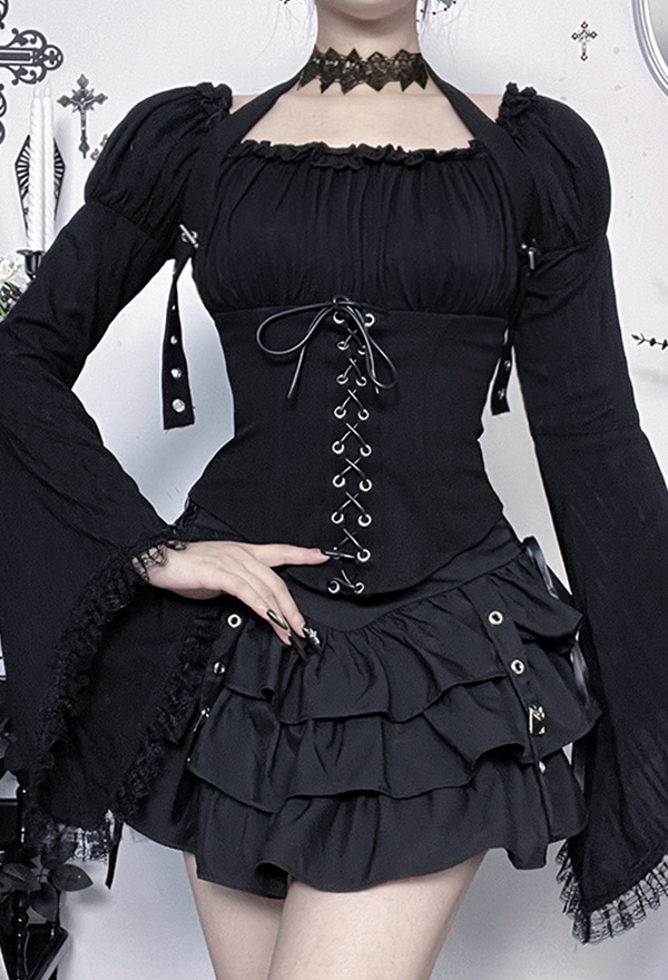 Gothic Black Off-Shoulder Halter Top Dark Style Lacing Flared Sleeves Top