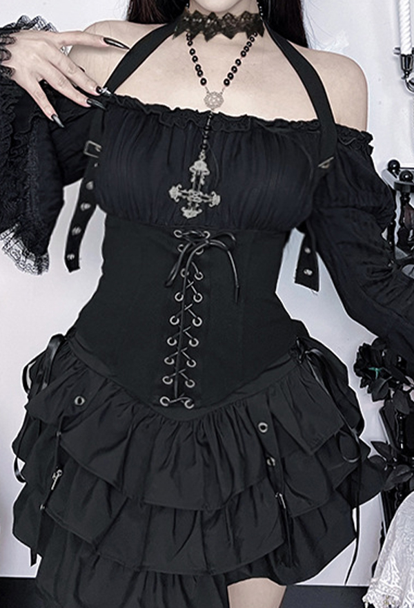 Gothic Black Off-Shoulder Halter Top Dark Style Lacing Flared Sleeves Top