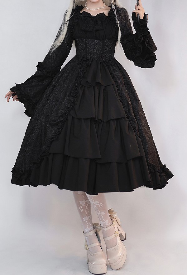 Gothic Flared Sleeve Dress Medieval Dark Retro Court Style Multi-Layered Dress Gothic Flared Sleeve Dress Medieval Dark Retro Court Style Multi-Layered Dress