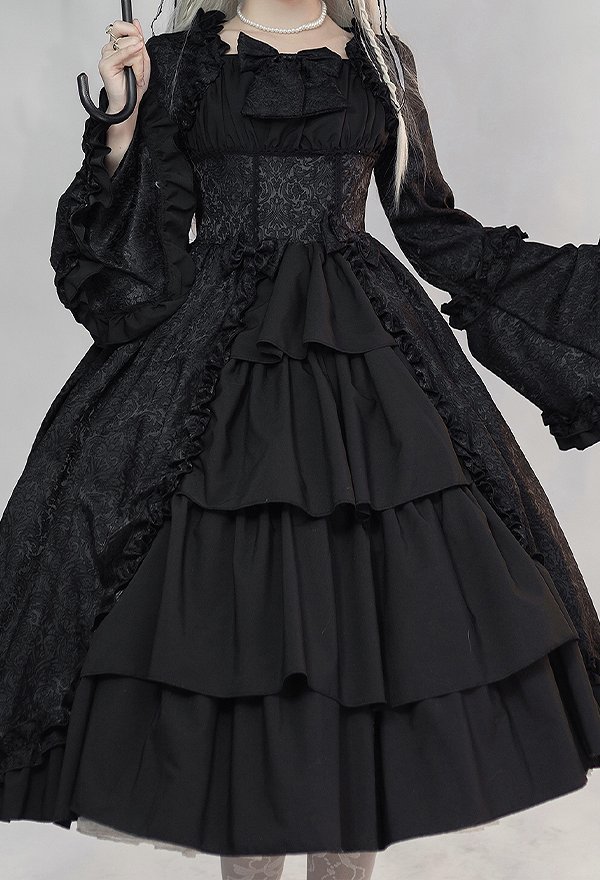 Gothic Flared Sleeve Dress Medieval Dark Retro Court Style Multi-Layered Dress Gothic Flared Sleeve Dress Medieval Dark Retro Court Style Multi-Layered Dress