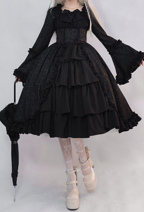 Gothic Flared Sleeve Dress Medieval Dark Retro Court Style Multi-Layered Dress Gothic Flared Sleeve Dress Medieval Dark Retro Court Style Multi-Layered Dress
