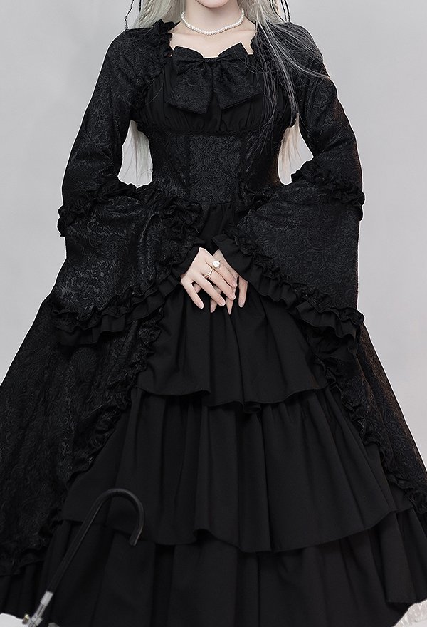 Gothic Flared Sleeve Dress Medieval Dark Retro Court Style Multi-Layered Dress Gothic Flared Sleeve Dress Medieval Dark Retro Court Style Multi-Layered Dress