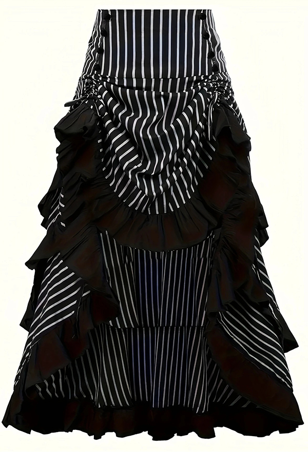 Gothic Black White Striped Irregular Skirt Dark Vintage Style Ruffled Drawstring Skirt Gothic Black White Striped Irregular Skirt Dark Vintage Style Ruffled Drawstring Skirt